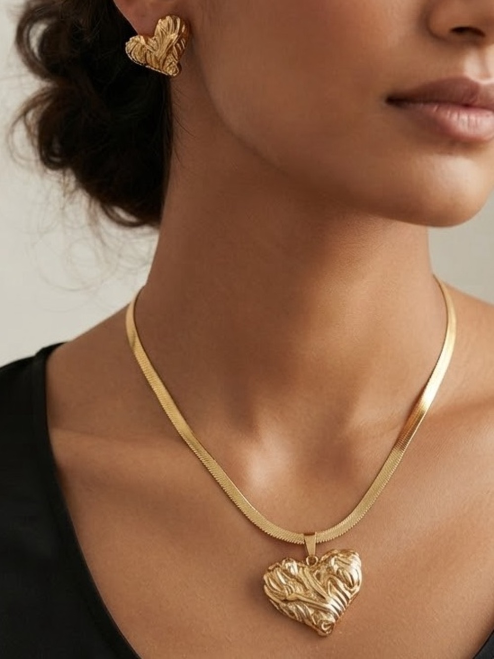 Gold Heart Pendant Necklace and Earrings Set - Gold stainless steel